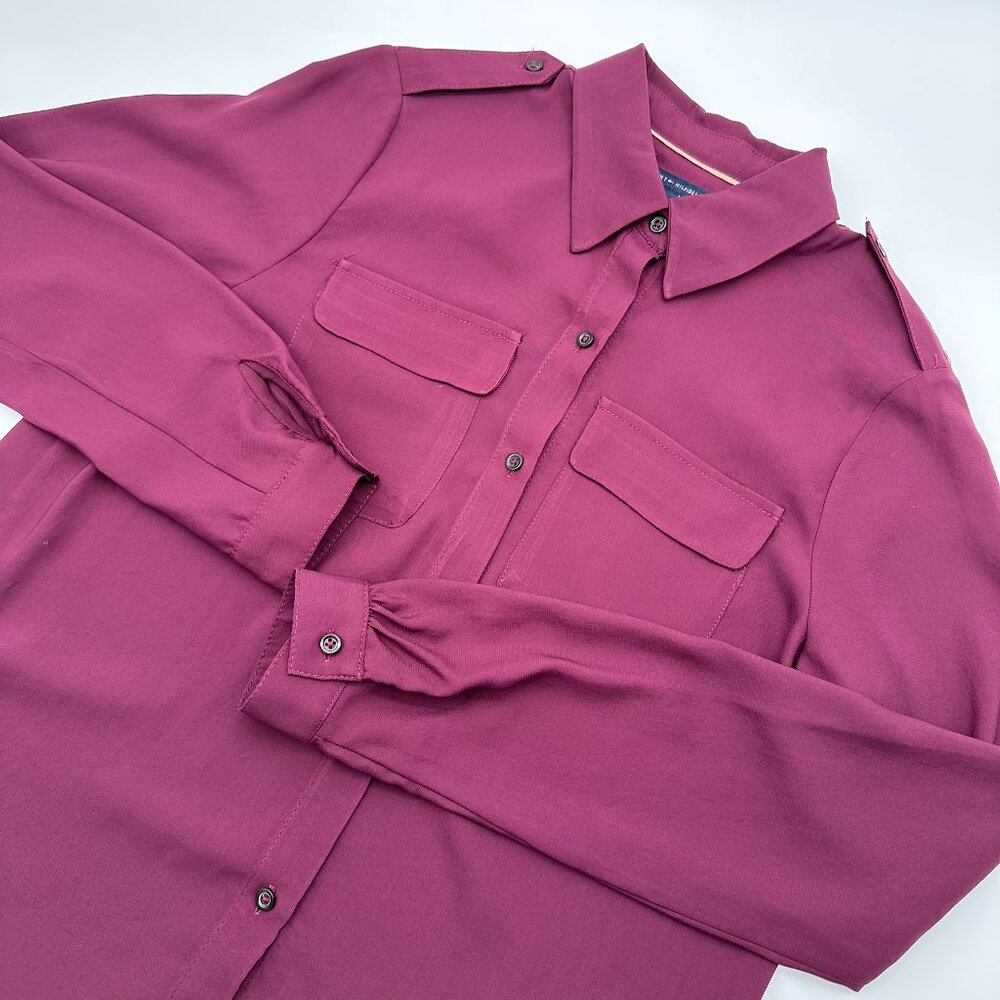 Tommy Hilfiger Women's Utility Epaulette Long Sleeve Blouse, Size M,โ Burgundy